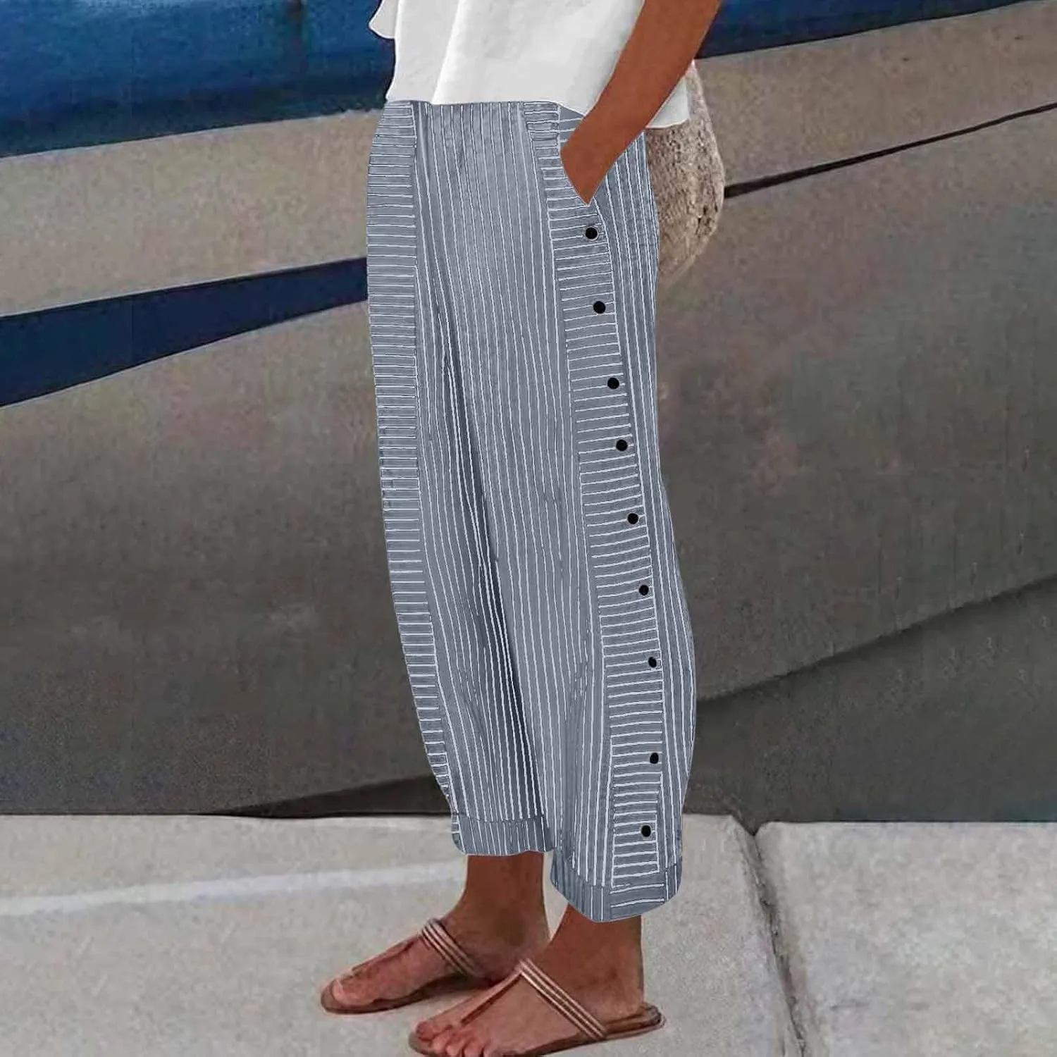 Summer Pants Women, Straight Leg Casual Pants Peasant Linen Elastic Waist Trendy