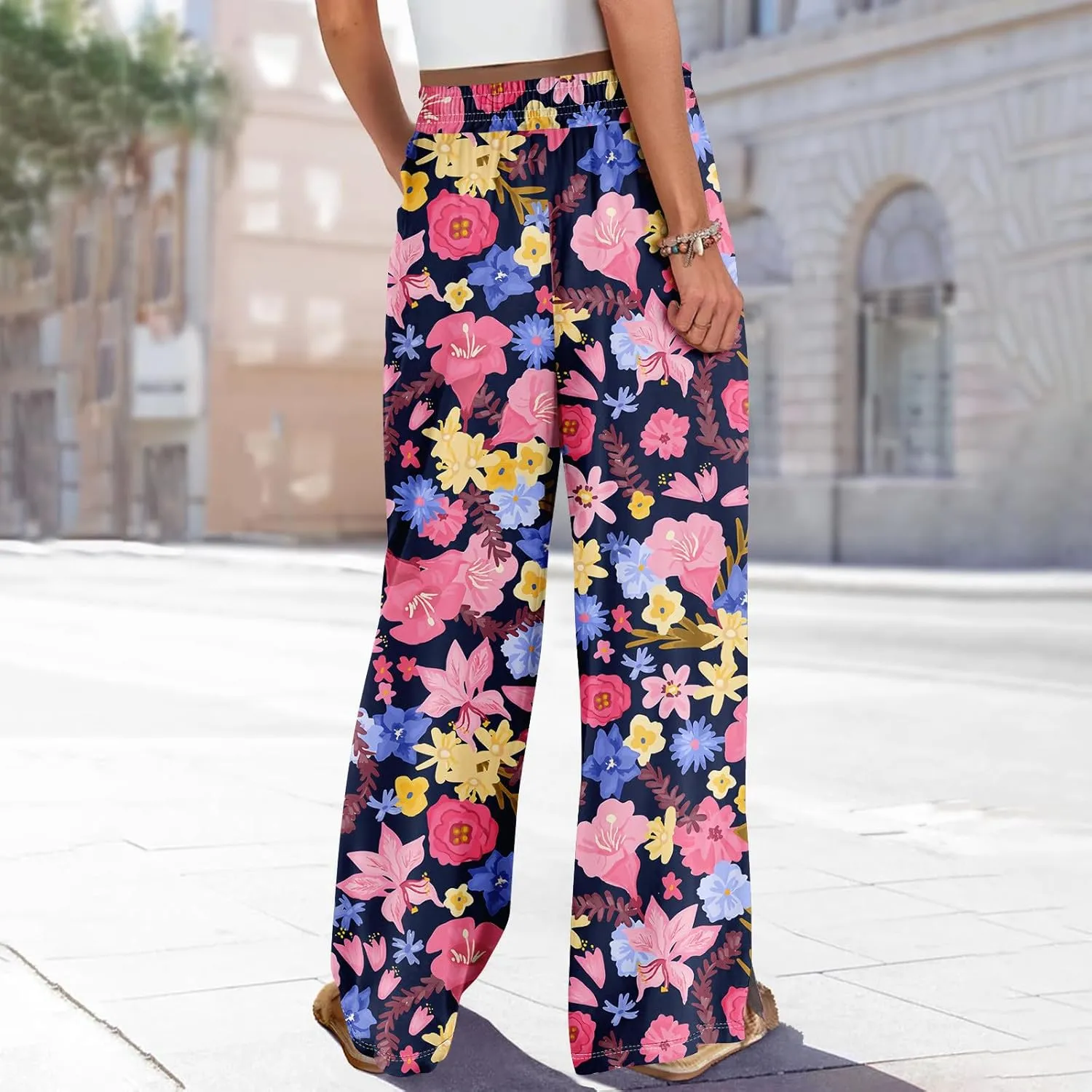 Summer Wide Leg Pants High Waistd Beach Palazzo Pants Side Split Drawstring Elastic Waist Floral Print Pockets Trouser