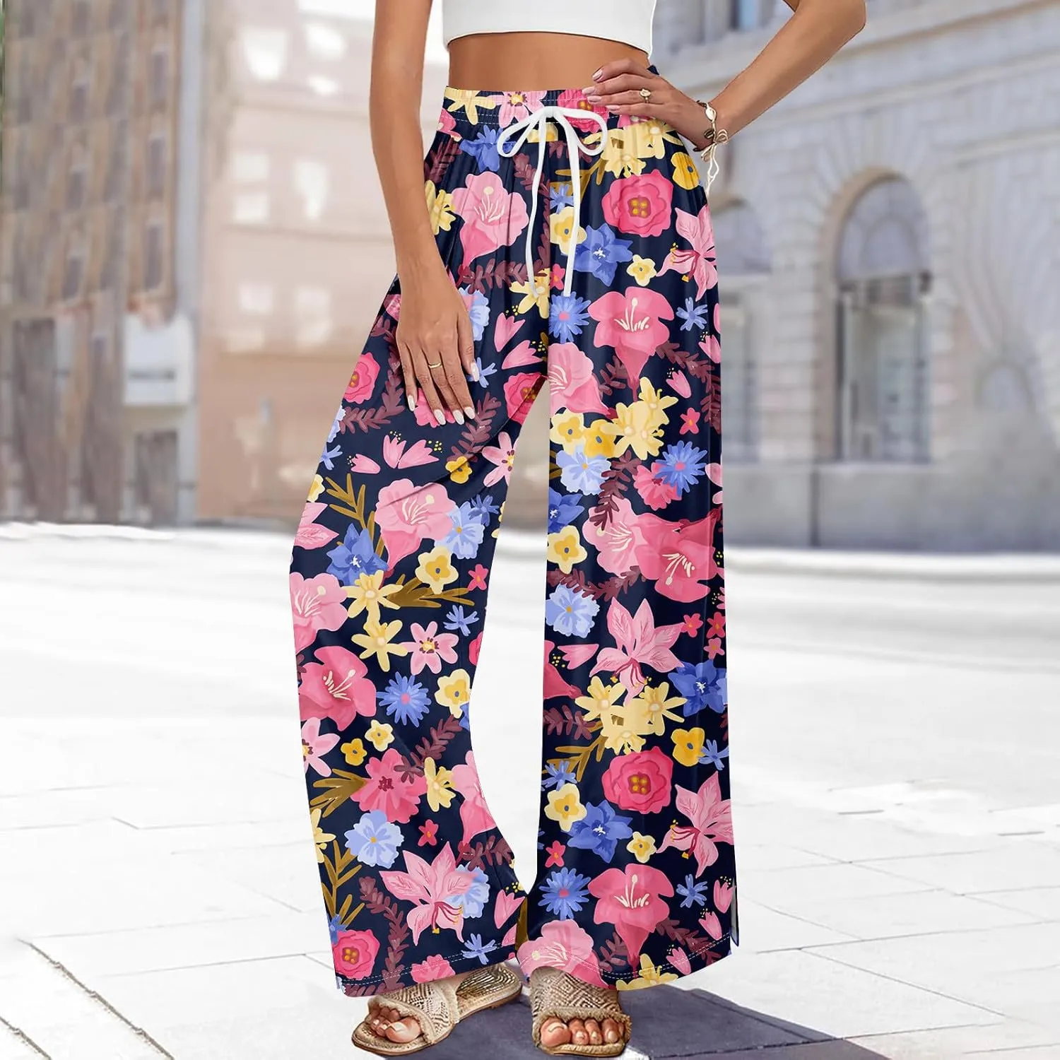 Summer Wide Leg Pants High Waistd Beach Palazzo Pants Side Split Drawstring Elastic Waist Floral Print Pockets Trouser
