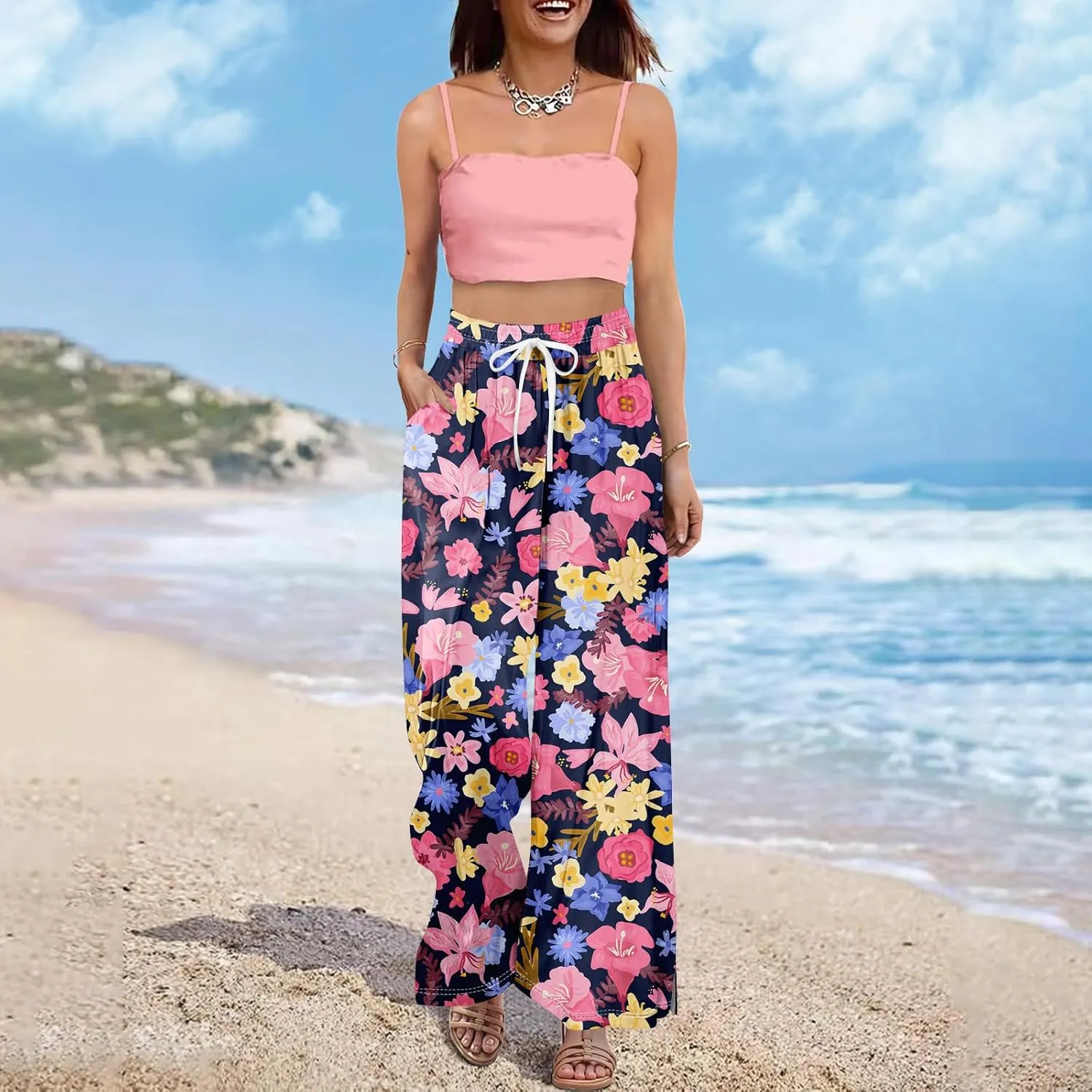 Summer Wide Leg Pants High Waistd Beach Palazzo Pants Side Split Drawstring Elastic Waist Floral Print Pockets Trouser