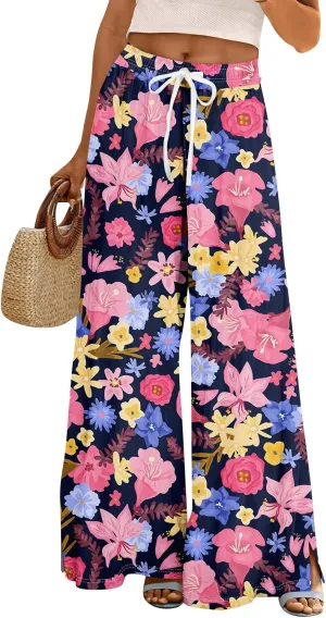 Summer Wide Leg Pants High Waistd Beach Palazzo Pants Side Split Drawstring Elastic Waist Floral Print Pockets Trouser