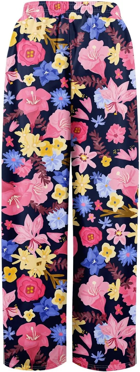 Summer Wide Leg Pants High Waistd Beach Palazzo Pants Side Split Drawstring Elastic Waist Floral Print Pockets Trouser
