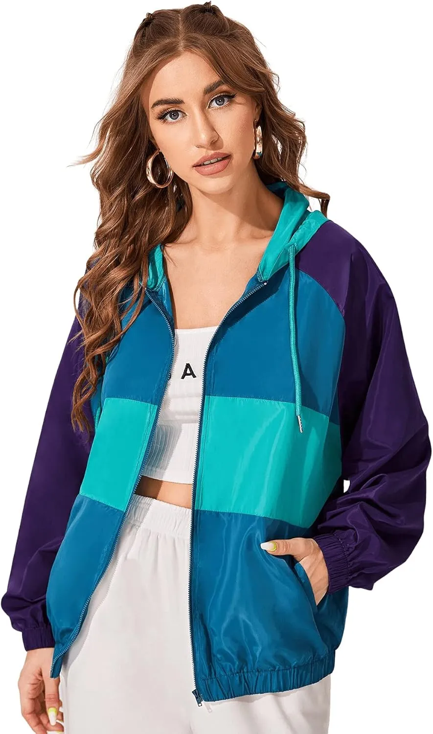 SweatyRocks Women's Lightweight Windbreaker Patchwork Zipper Sport Jacket Coat Outerwear