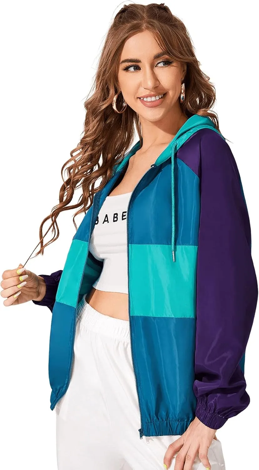 SweatyRocks Women's Lightweight Windbreaker Patchwork Zipper Sport Jacket Coat Outerwear