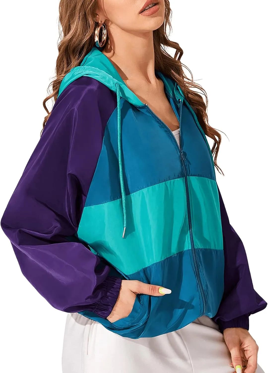 SweatyRocks Women's Lightweight Windbreaker Patchwork Zipper Sport Jacket Coat Outerwear
