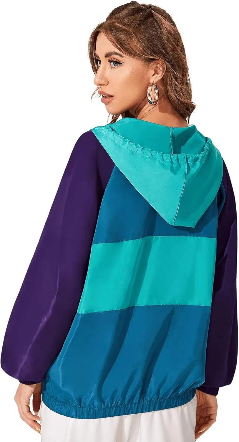 SweatyRocks Women's Lightweight Windbreaker Patchwork Zipper Sport Jacket Coat Outerwear