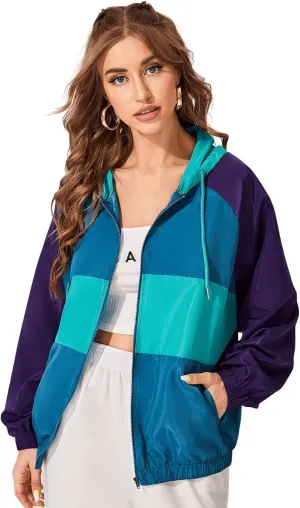 SweatyRocks Women's Lightweight Windbreaker Patchwork Zipper Sport Jacket Coat Outerwear