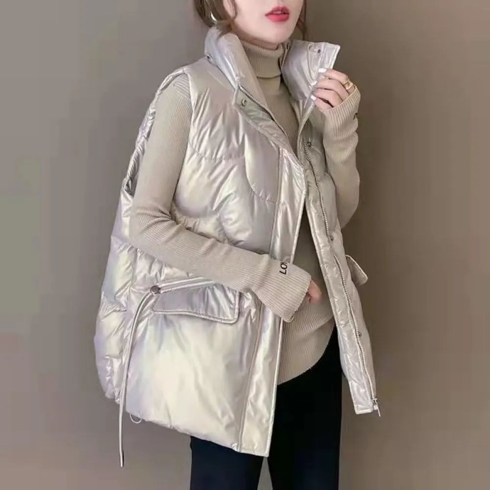 SWEPER Women'S Down Vest - Women Stand Collar Short Bright Color Cotton Padded Jacket Sleeveless Female Winter Waistcoat