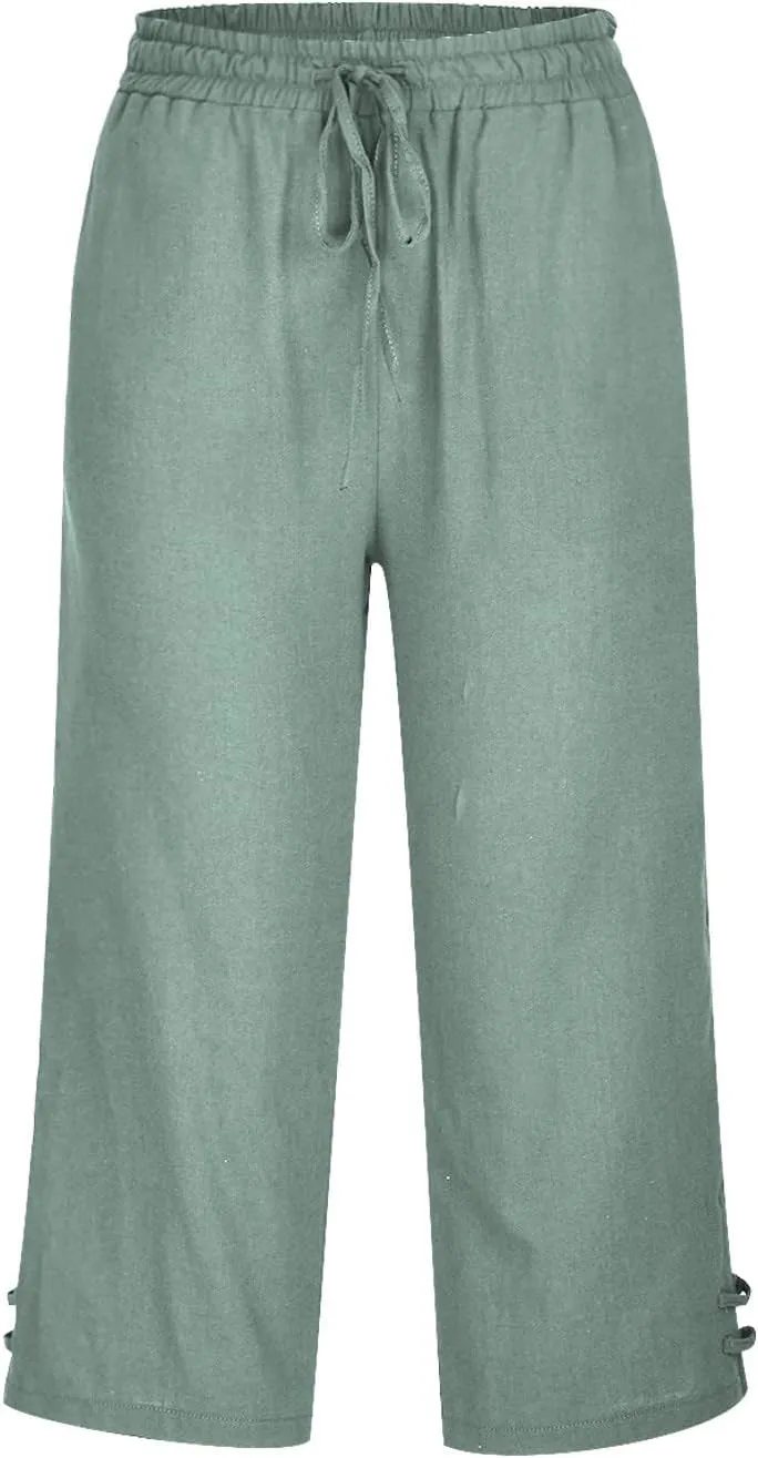 TANGNADE Womens Casual Capris Loose Fit Wide Leg Cropped Cotton Linen Pants with Pockets Elastic Waist Trouser
