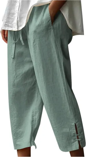 TANGNADE Womens Casual Capris Loose Fit Wide Leg Cropped Cotton Linen Pants with Pockets Elastic Waist Trouser