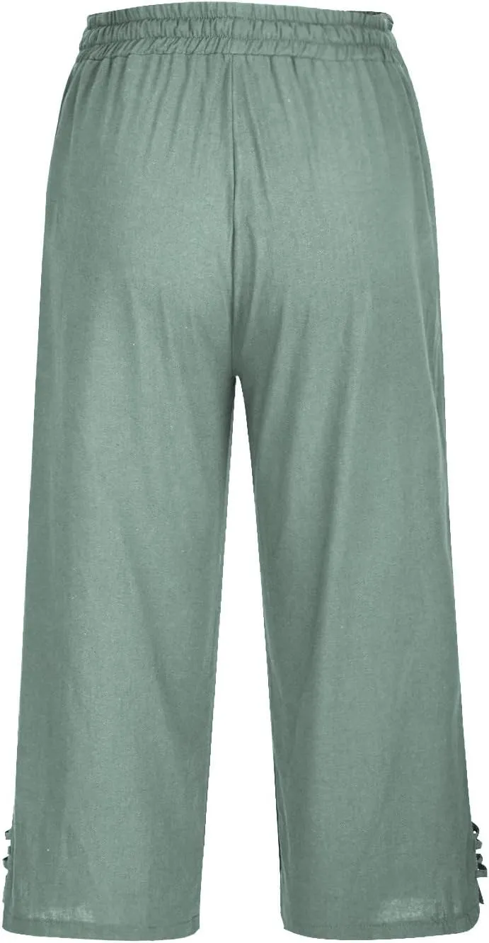 TANGNADE Womens Casual Capris Loose Fit Wide Leg Cropped Cotton Linen Pants with Pockets Elastic Waist Trouser