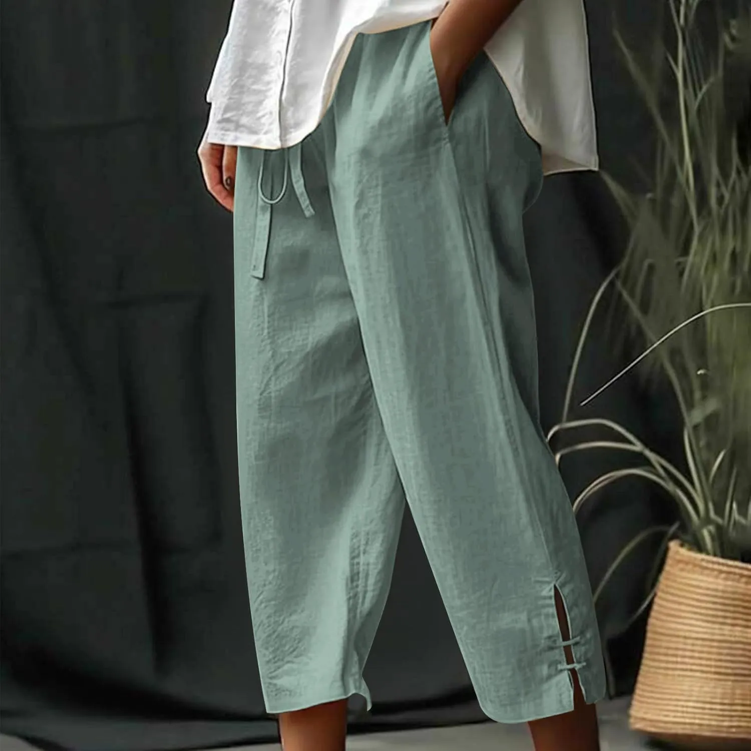 TANGNADE Womens Casual Capris Loose Fit Wide Leg Cropped Cotton Linen Pants with Pockets Elastic Waist Trouser