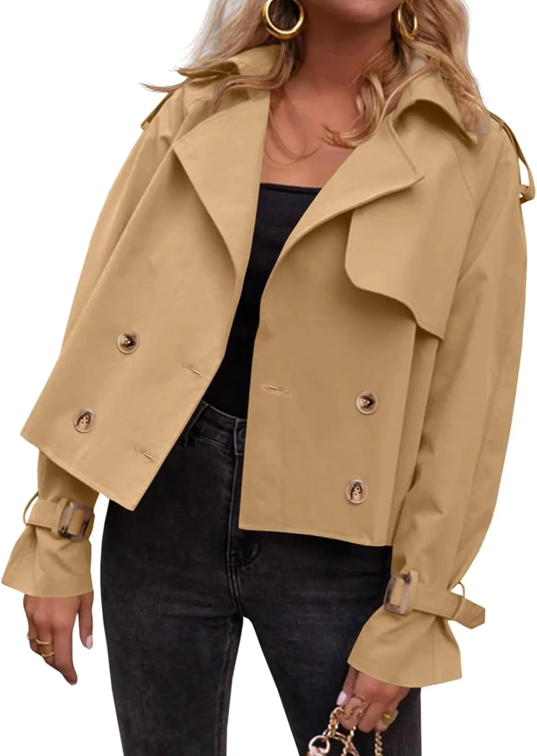 Tankaneo Womens Cropped Trench Coat Oversized Double Breasted Lapel Long Sleeve Short Jacket Fashion Outerwear