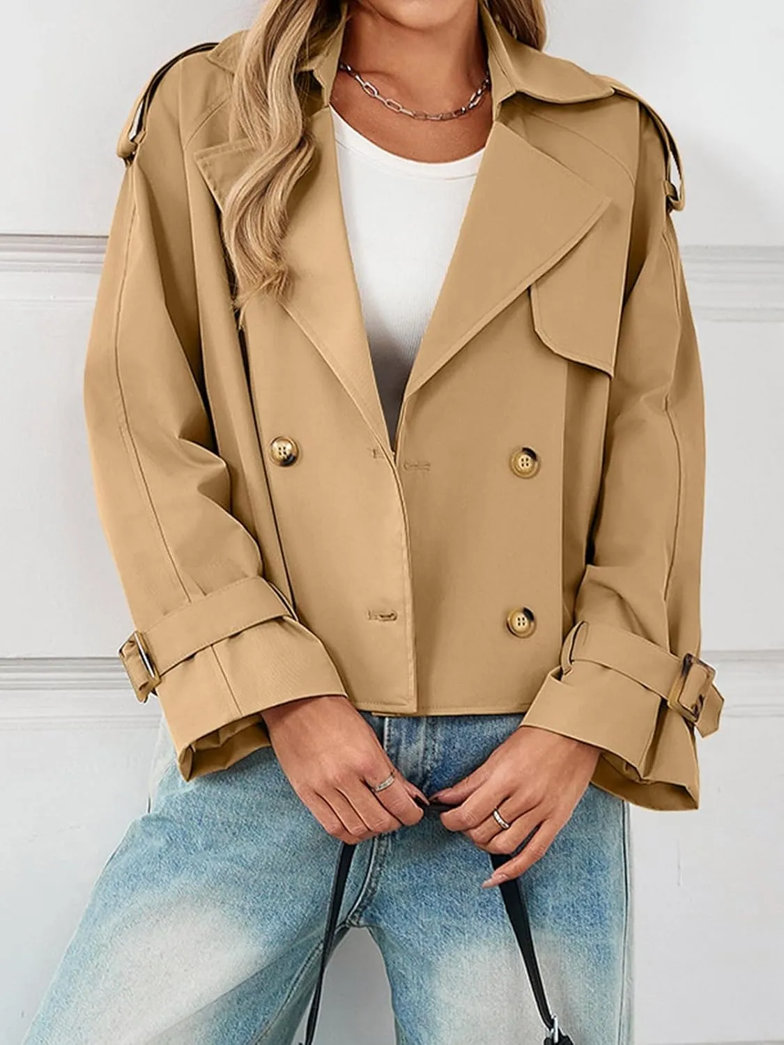 Tankaneo Womens Cropped Trench Coat Oversized Double Breasted Lapel Long Sleeve Short Jacket Fashion Outerwear