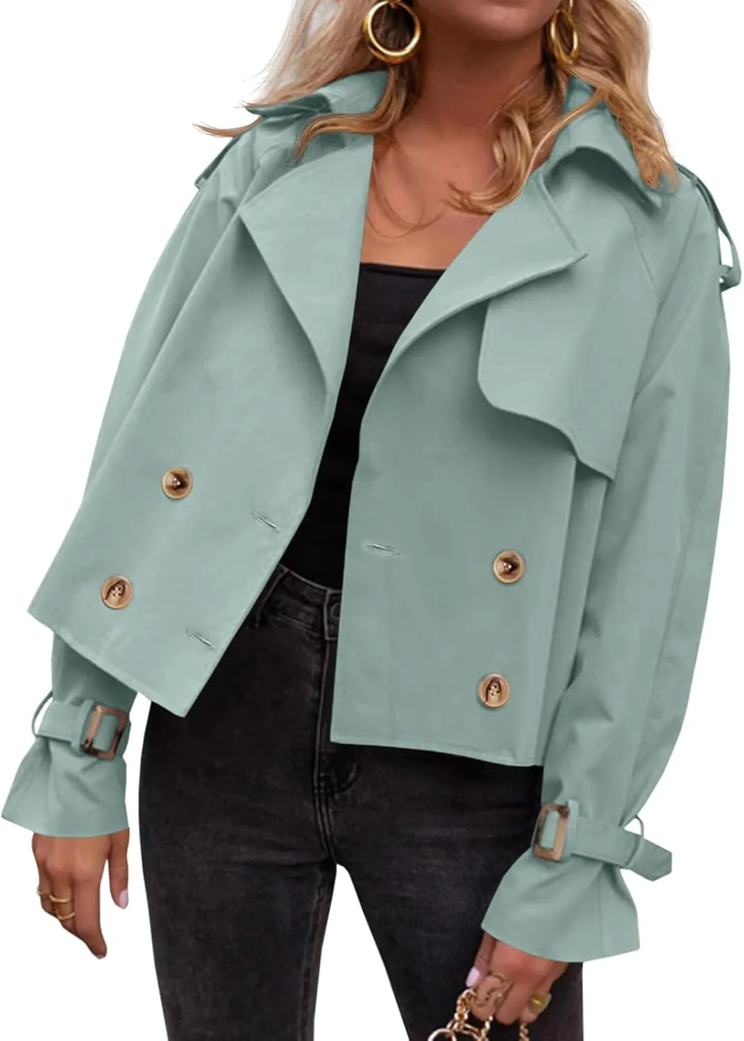 Tankaneo Womens Cropped Trench Coat Oversized Double Breasted Lapel Long Sleeve Short Jacket Fashion Outerwear
