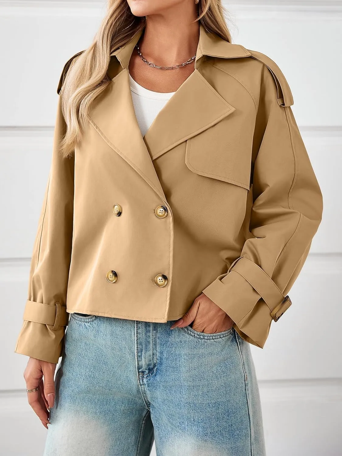 Tankaneo Womens Cropped Trench Coat Oversized Double Breasted Lapel Long Sleeve Short Jacket Fashion Outerwear