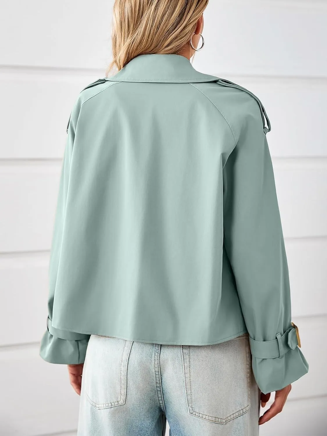 Tankaneo Womens Cropped Trench Coat Oversized Double Breasted Lapel Long Sleeve Short Jacket Fashion Outerwear