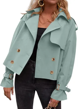 Tankaneo Womens Cropped Trench Coat Oversized Double Breasted Lapel Long Sleeve Short Jacket Fashion Outerwear