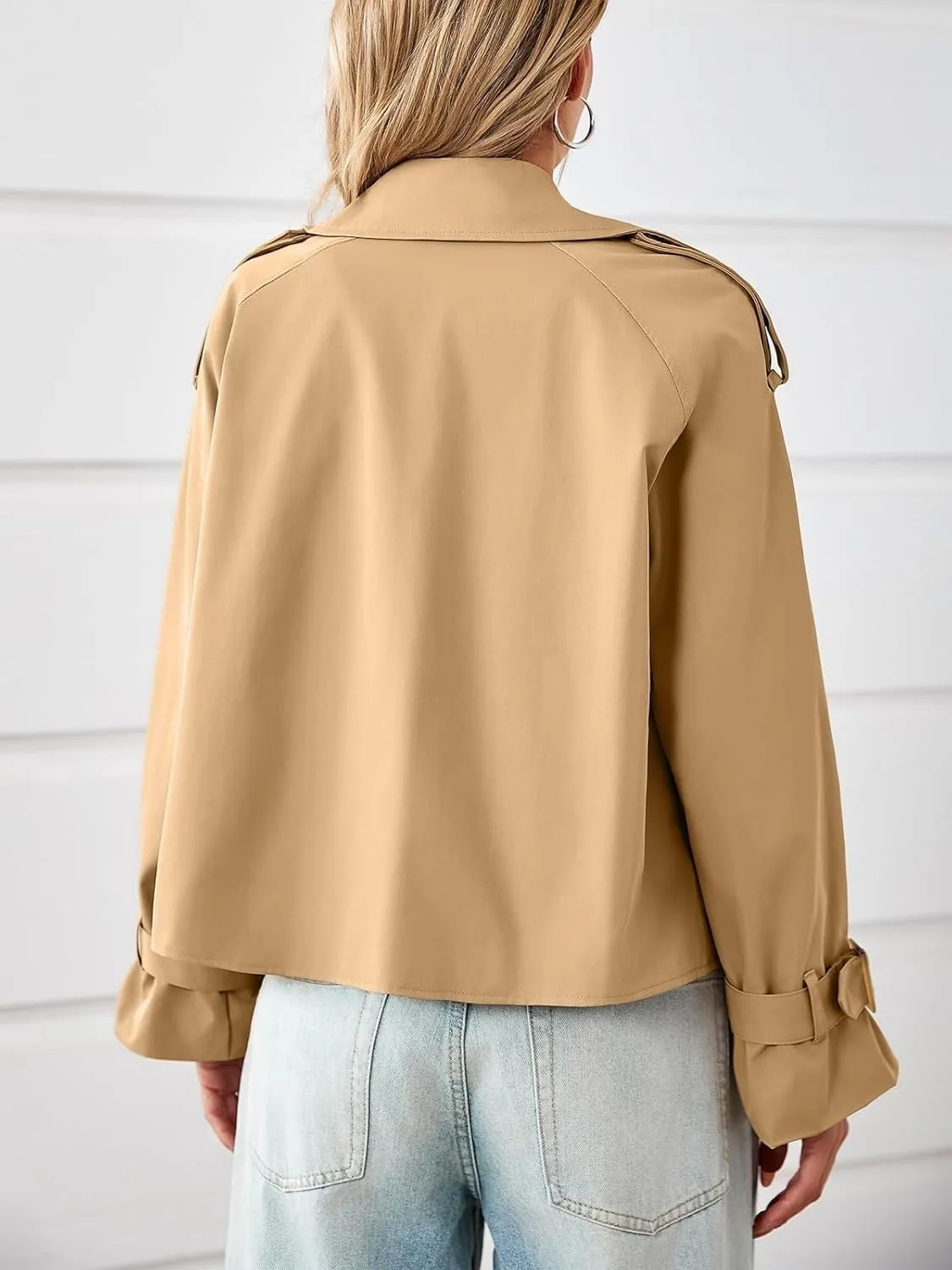 Tankaneo Womens Cropped Trench Coat Oversized Double Breasted Lapel Long Sleeve Short Jacket Fashion Outerwear