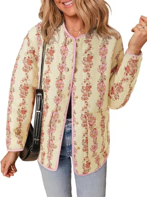 Tankaneo Womens Floral Lightweight Quilted Jacket Oversized Puffer Shacket Winter Collarless Button Down Outerwear