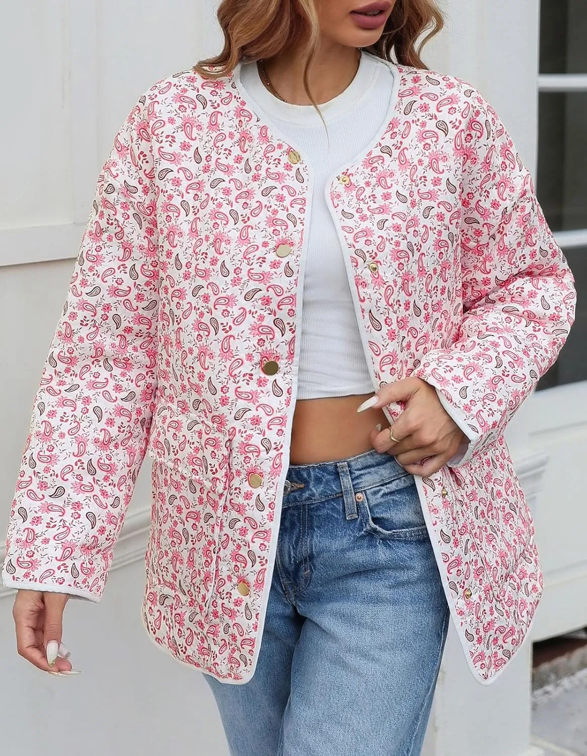 Tankaneo Womens Floral Lightweight Quilted Jacket Oversized Puffer Shacket Winter Collarless Button Down Outerwear