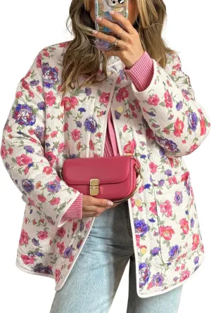 Tankaneo Womens Floral Lightweight Quilted Jacket Oversized Puffer Shacket Winter Collarless Button Down Outerwear