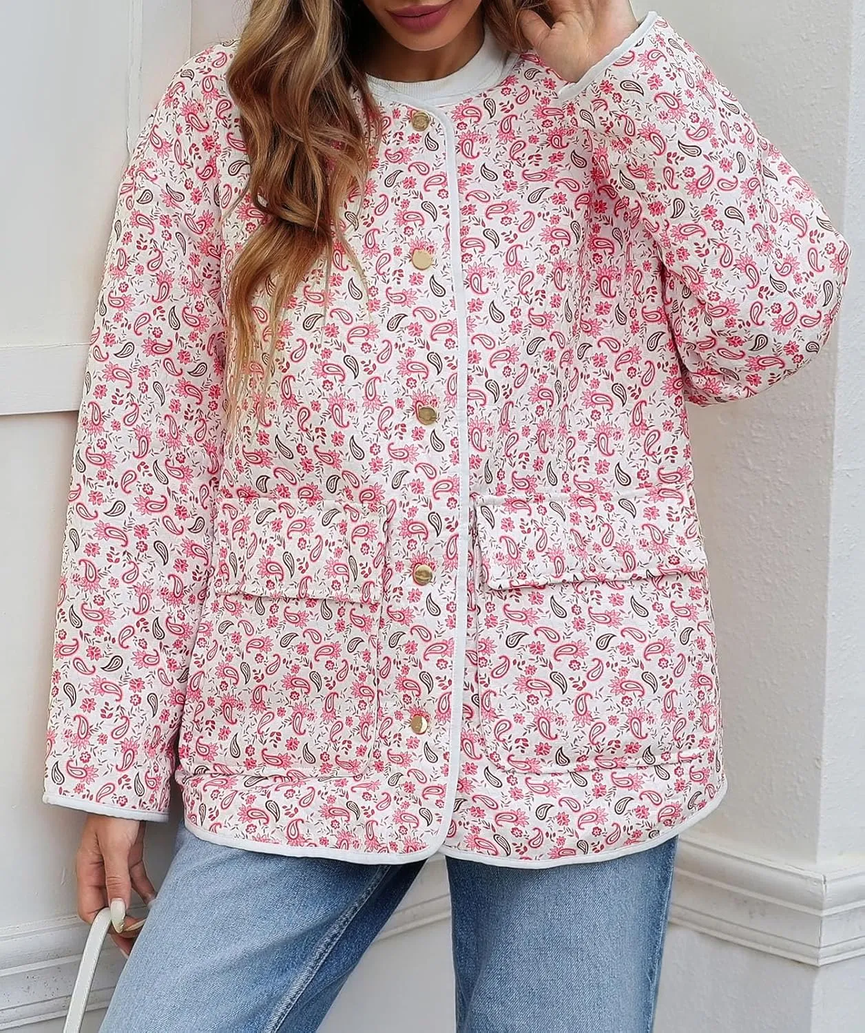Tankaneo Womens Floral Lightweight Quilted Jacket Oversized Puffer Shacket Winter Collarless Button Down Outerwear