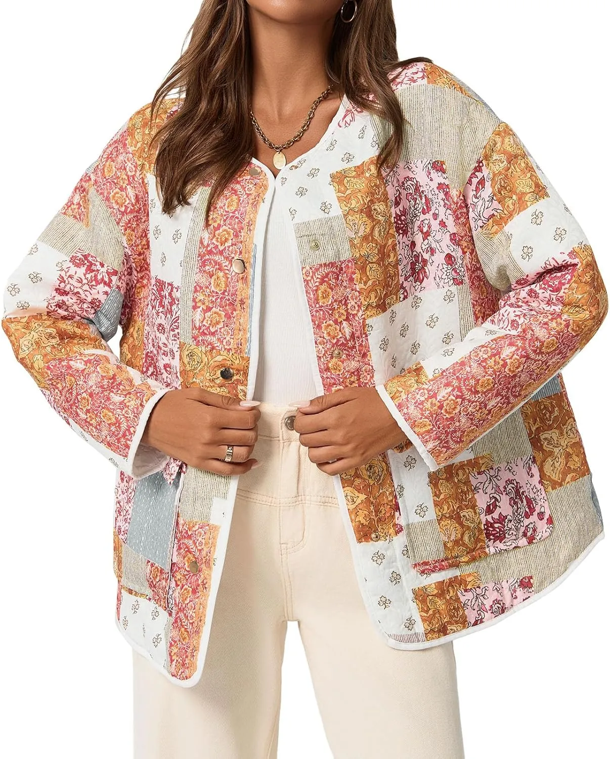 Tankaneo Womens Floral Lightweight Quilted Jacket Oversized Puffer Shacket Winter Collarless Button Down Outerwear