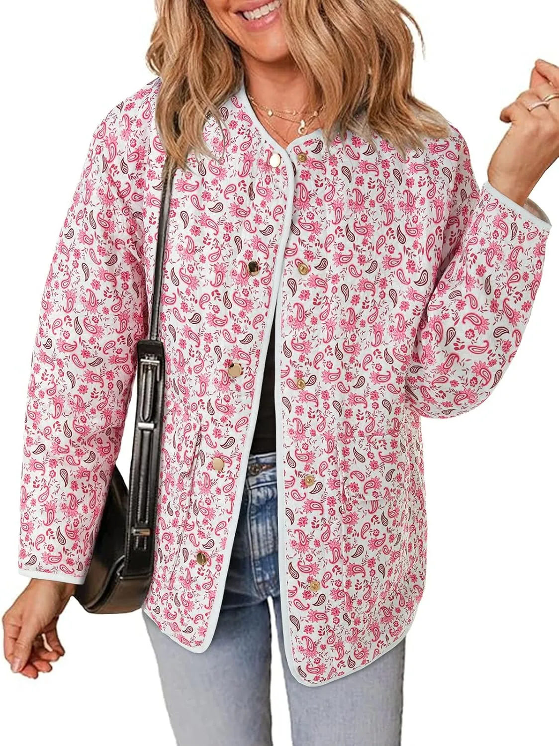 Tankaneo Womens Floral Lightweight Quilted Jacket Oversized Puffer Shacket Winter Collarless Button Down Outerwear