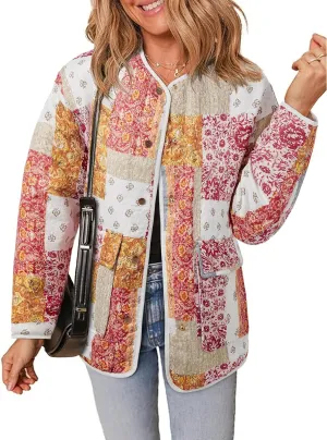 Tankaneo Womens Floral Lightweight Quilted Jacket Oversized Puffer Shacket Winter Collarless Button Down Outerwear