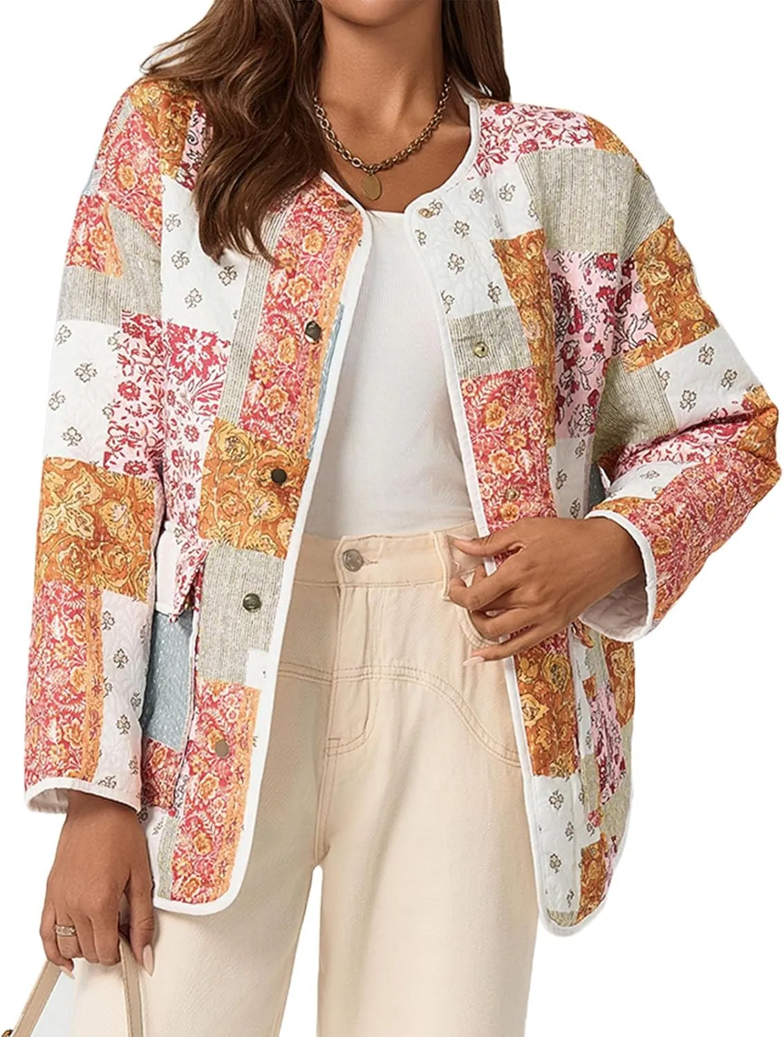 Tankaneo Womens Floral Lightweight Quilted Jacket Oversized Puffer Shacket Winter Collarless Button Down Outerwear