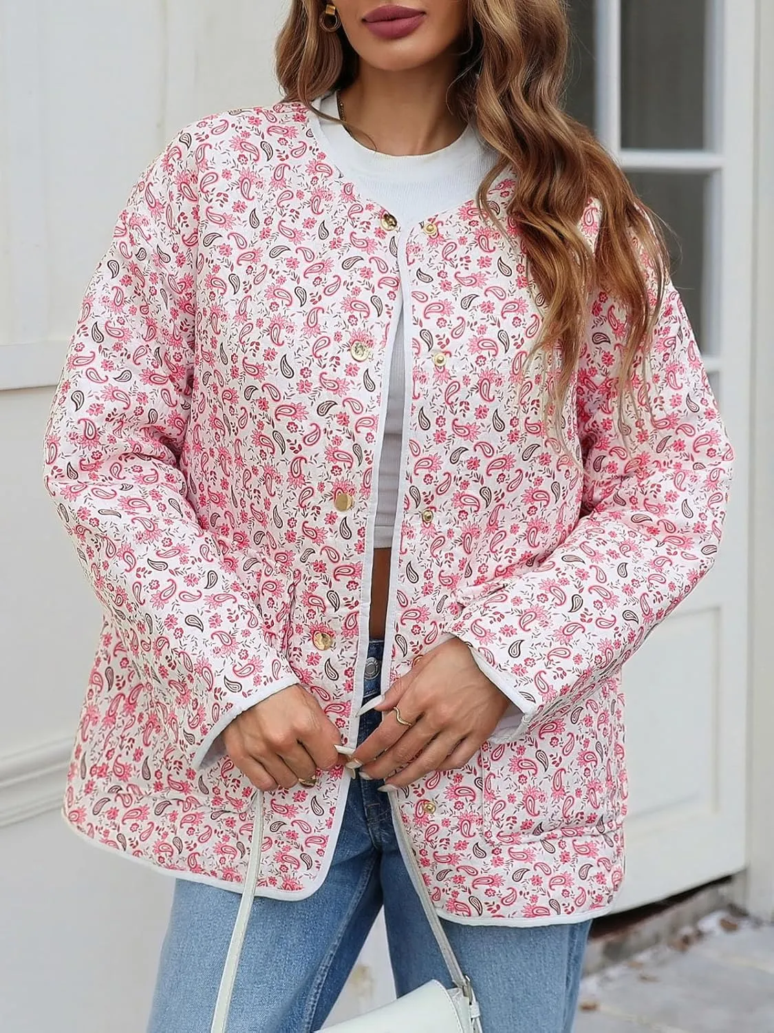 Tankaneo Womens Floral Lightweight Quilted Jacket Oversized Puffer Shacket Winter Collarless Button Down Outerwear