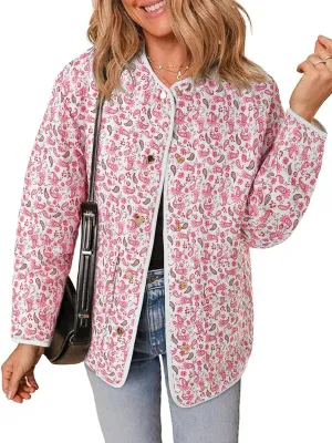 Tankaneo Womens Floral Lightweight Quilted Jacket Oversized Puffer Shacket Winter Collarless Button Down Outerwear