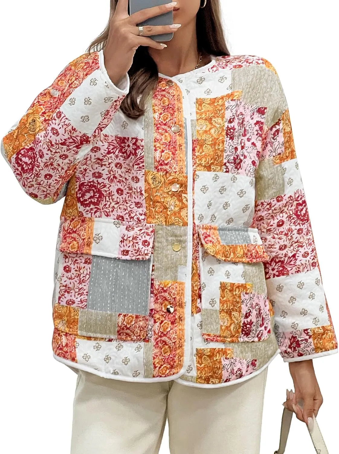 Tankaneo Womens Floral Lightweight Quilted Jacket Oversized Puffer Shacket Winter Collarless Button Down Outerwear