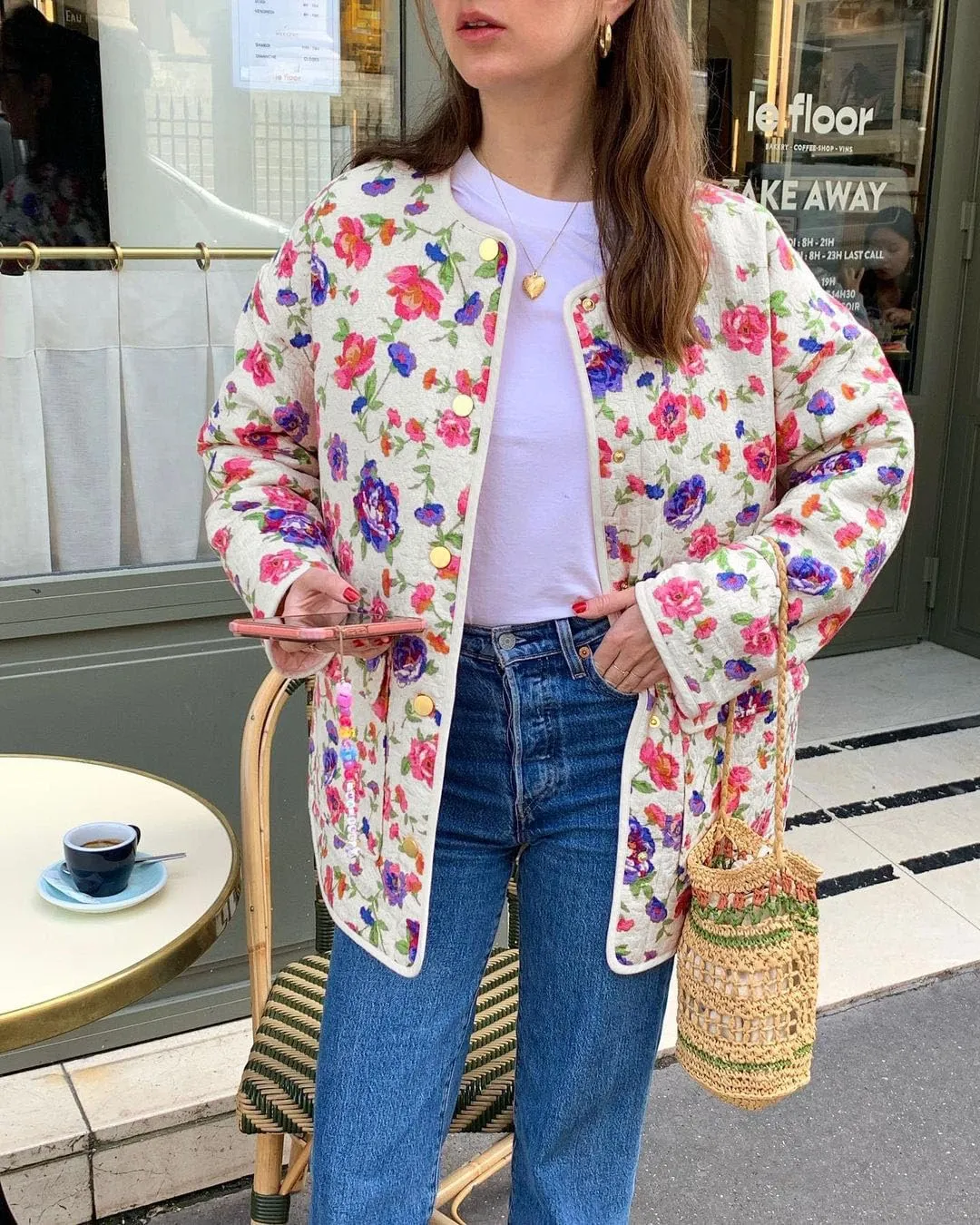 Tankaneo Womens Floral Lightweight Quilted Jacket Oversized Puffer Shacket Winter Collarless Button Down Outerwear