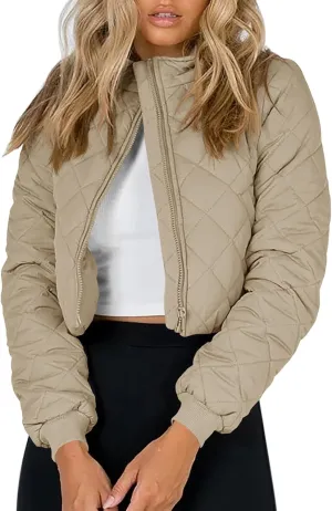 Tankaneo Women's Winter Cropped Puffer Jacket Quilted Zip Up Bomber Coat Fashion Outerwear with Pockets
