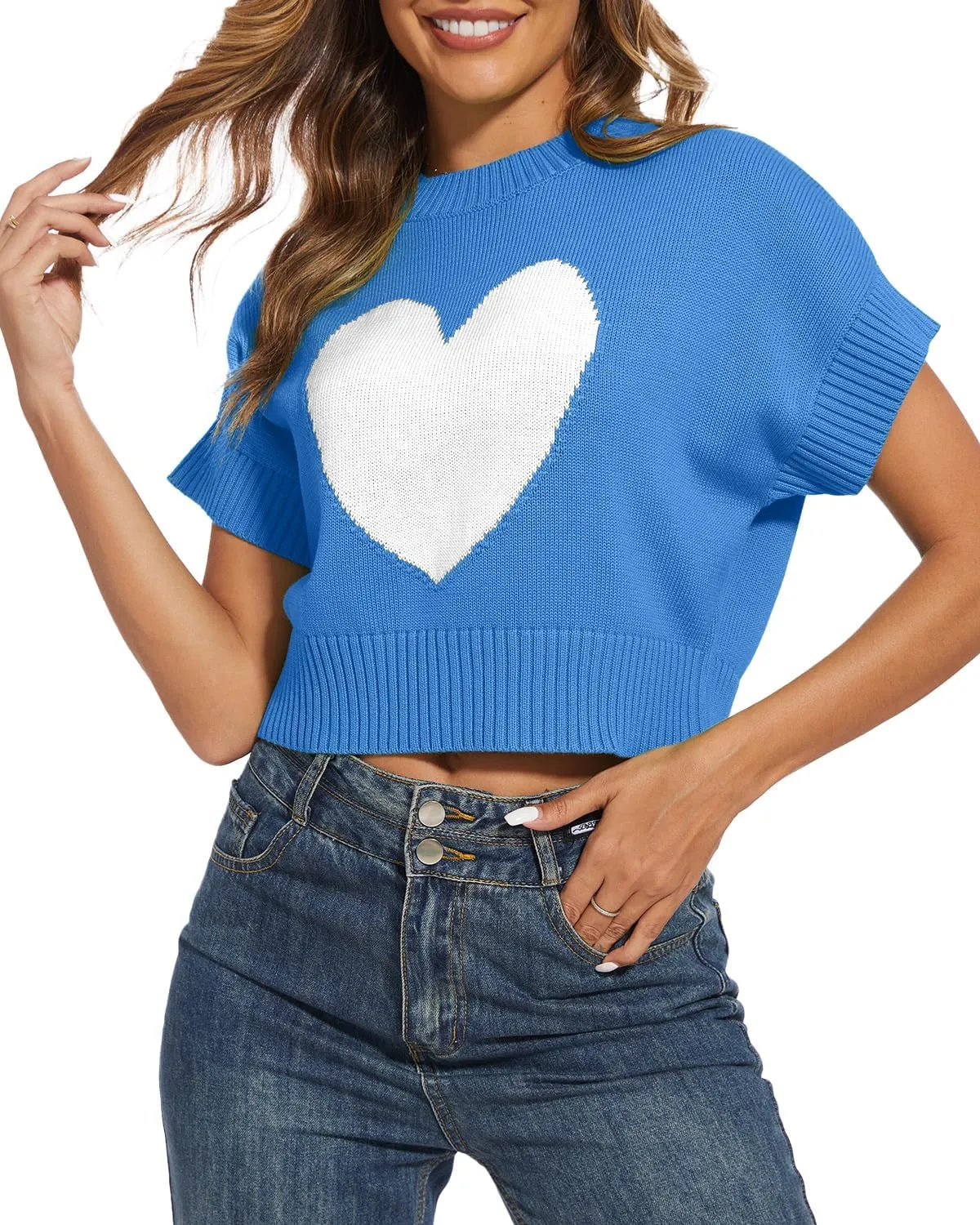 Tanou Womens Cap Sleeve Sweater Vest Mock Neck Crop Sweaters Causal Heart Knit Rib Hem Pullover Loose Fit Tank Top
