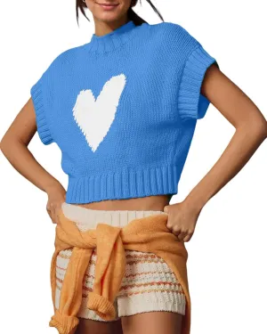 Tanou Womens Cap Sleeve Sweater Vest Mock Neck Crop Sweaters Causal Heart Knit Rib Hem Pullover Loose Fit Tank Top