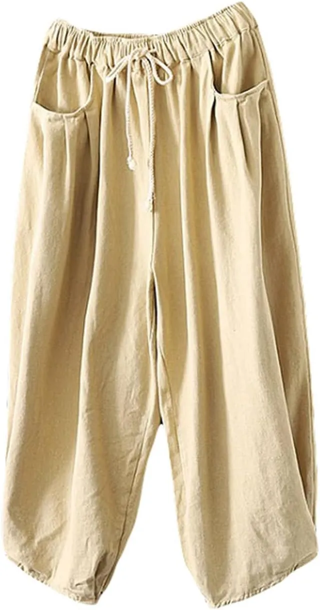Tebreux Women's Wide Leg Pants Harem Elastic Waist Baggy Pants Drawstring Trousers with Pockets