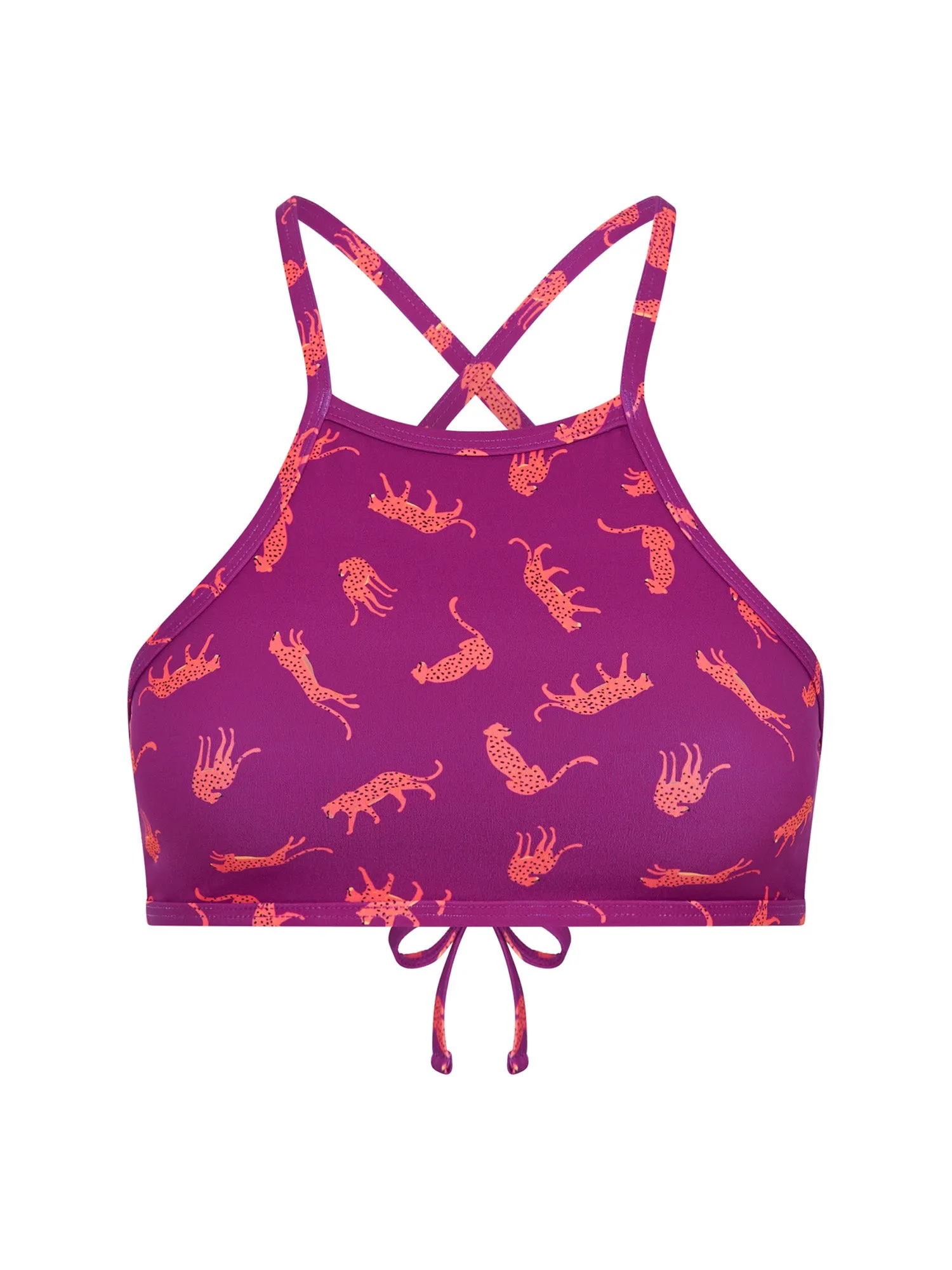 Teen Swimwear Performance Tie Back Crop Top Cheetah Chase Purple