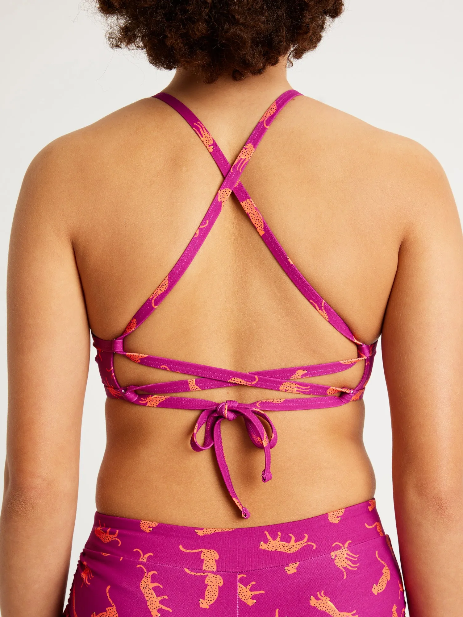 Teen Swimwear Performance Tie Back Crop Top Cheetah Chase Purple