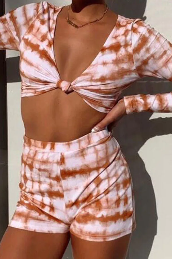 Tie Dye Stylish Long Sleeve Knotted Bikini