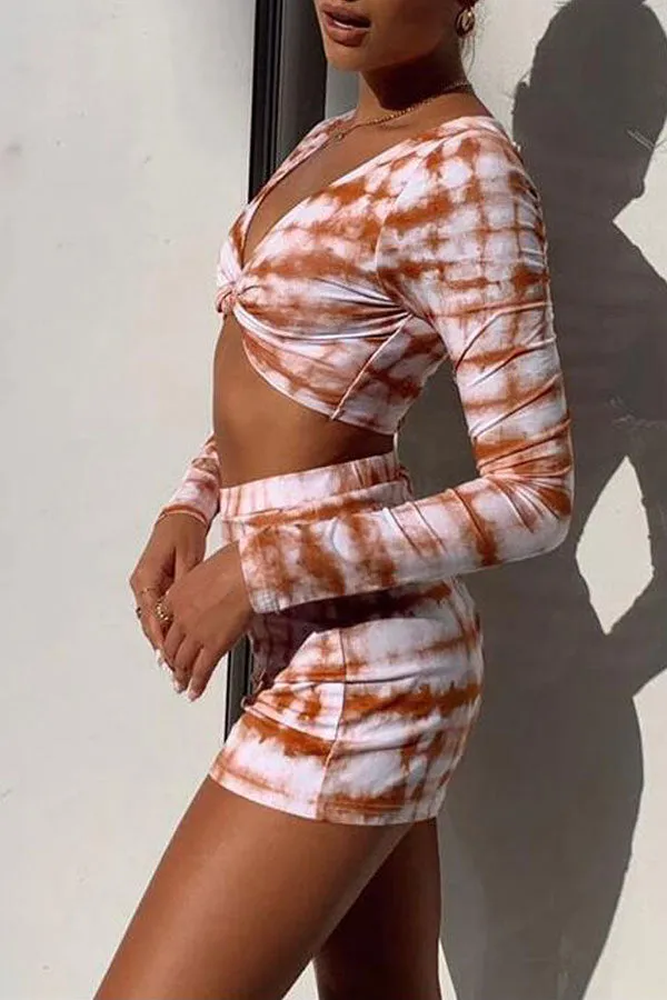 Tie Dye Stylish Long Sleeve Knotted Bikini