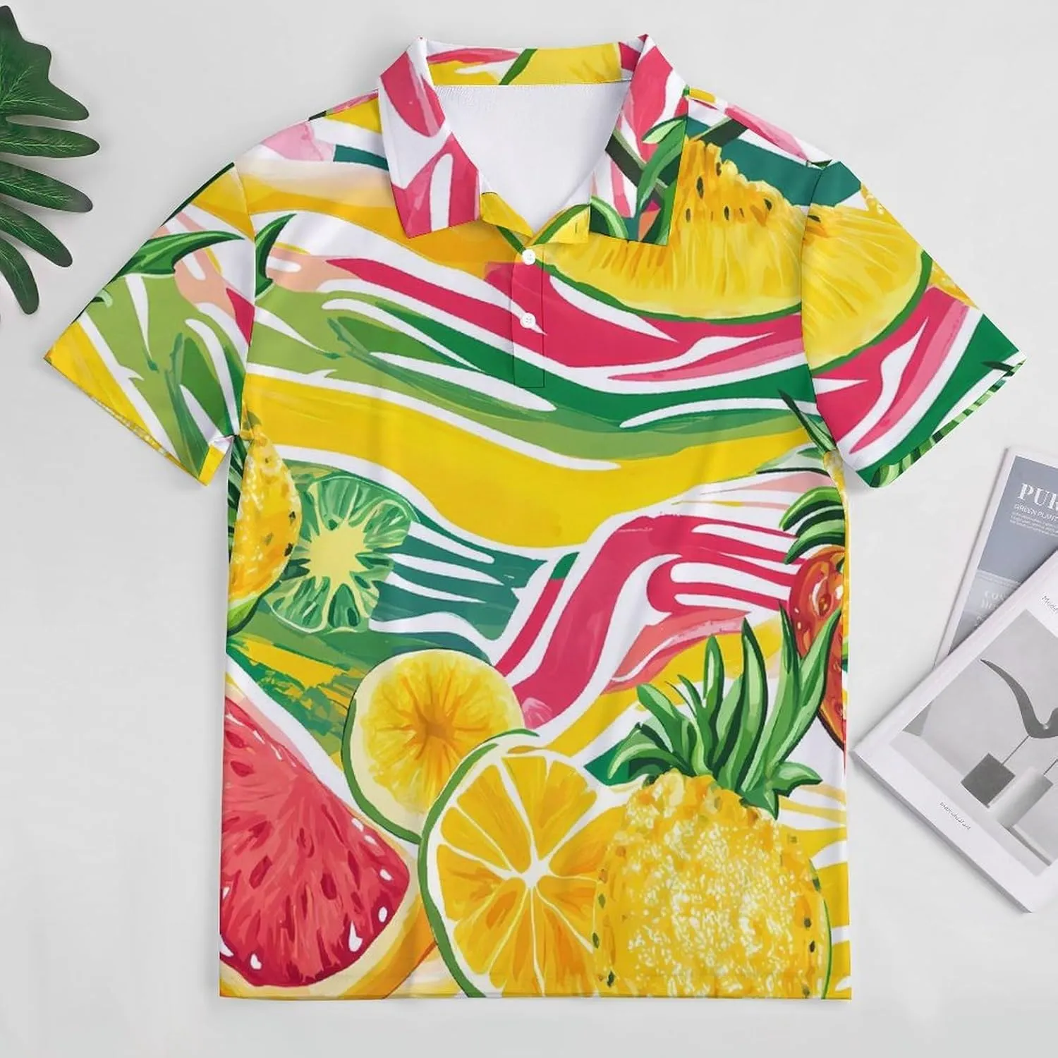 Tropical Fruits Waves Slim Fit Men's Short Sleeve Polo Shirts Quick-Dry Breathable Golf T-Shirt Tops