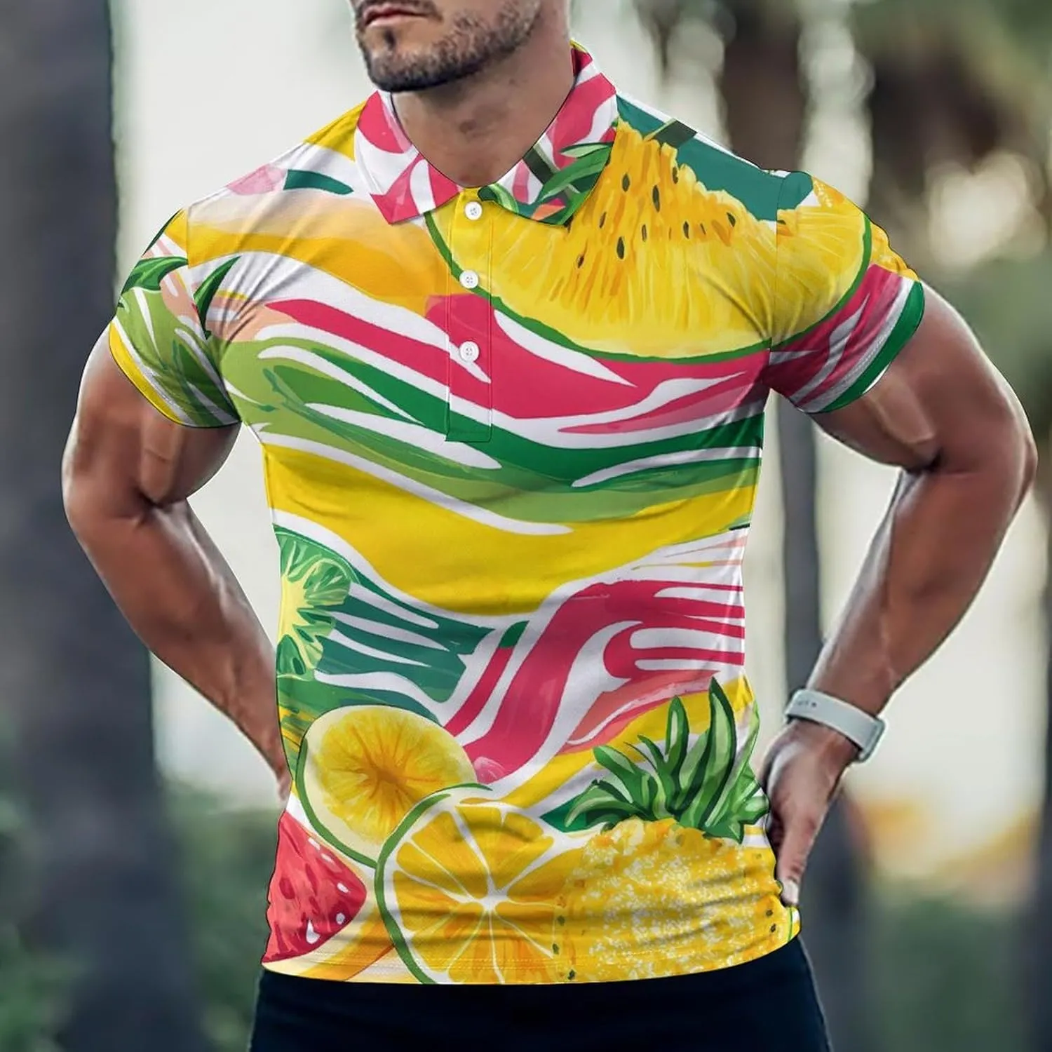 Tropical Fruits Waves Slim Fit Men's Short Sleeve Polo Shirts Quick-Dry Breathable Golf T-Shirt Tops
