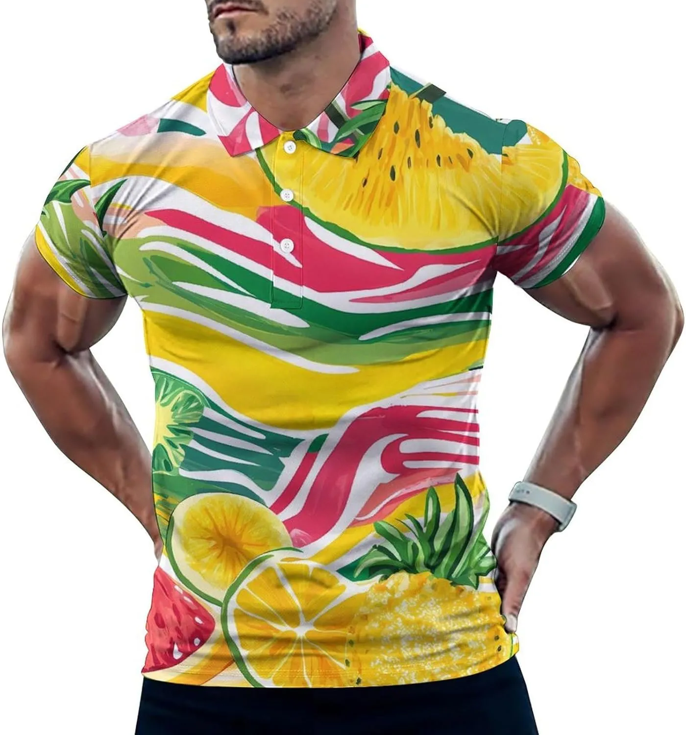 Tropical Fruits Waves Slim Fit Men's Short Sleeve Polo Shirts Quick-Dry Breathable Golf T-Shirt Tops