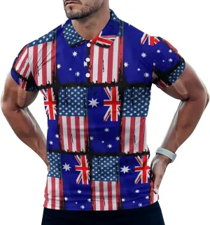 U.S.A and Australian Flag Slim Fit Men's Short Sleeve Polo Shirts Quick-Dry Breathable Golf T-Shirt Tops