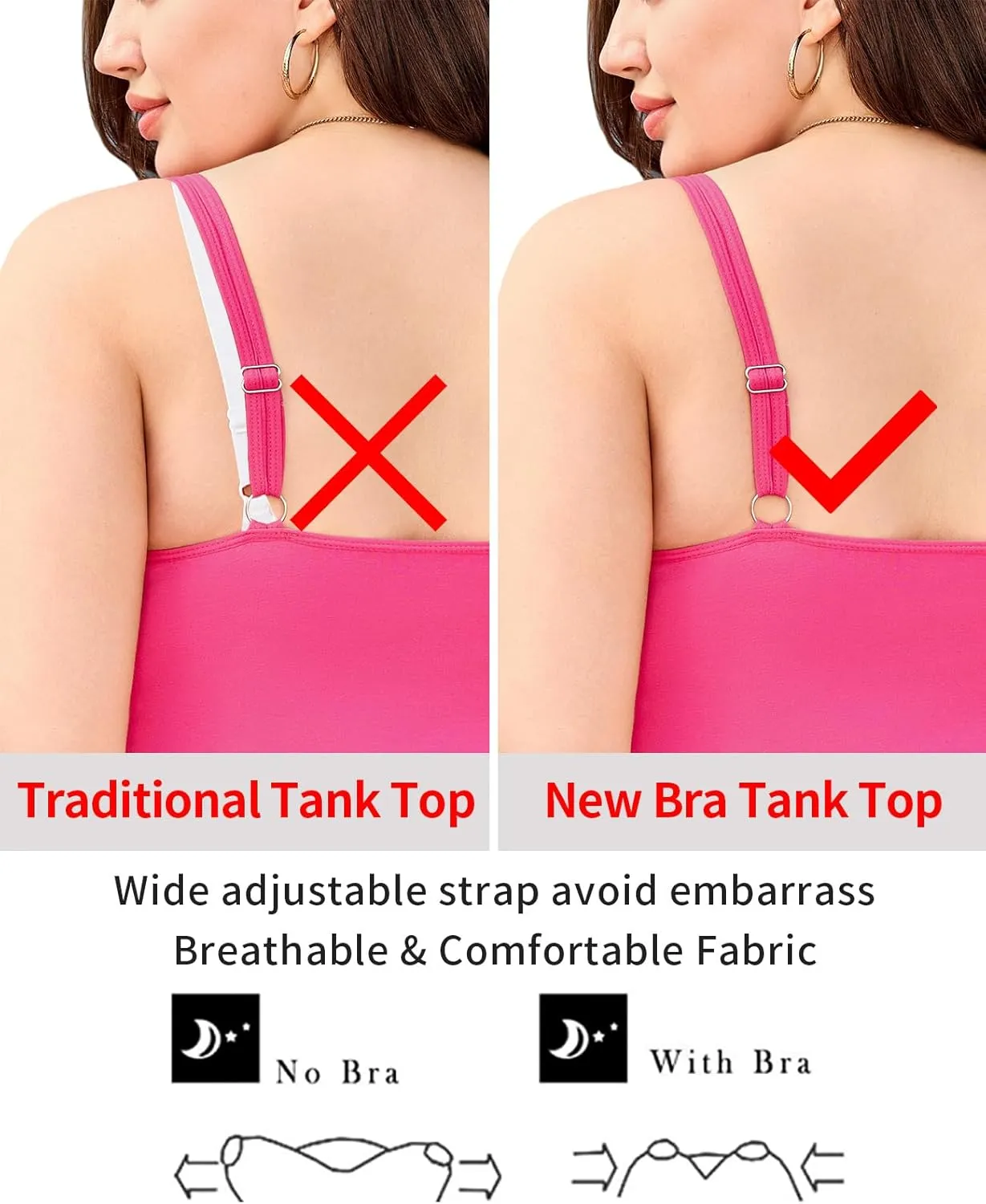 V FOR CITY Plus Size Tank Top with Built-in Bra Scoop Neck Camisole Tops for Women Casual Cotton Cami Shirts