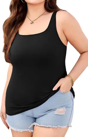 V FOR CITY Plus Size Tank Top with Built-in Bra Scoop Neck Camisole Tops for Women Casual Cotton Cami Shirts