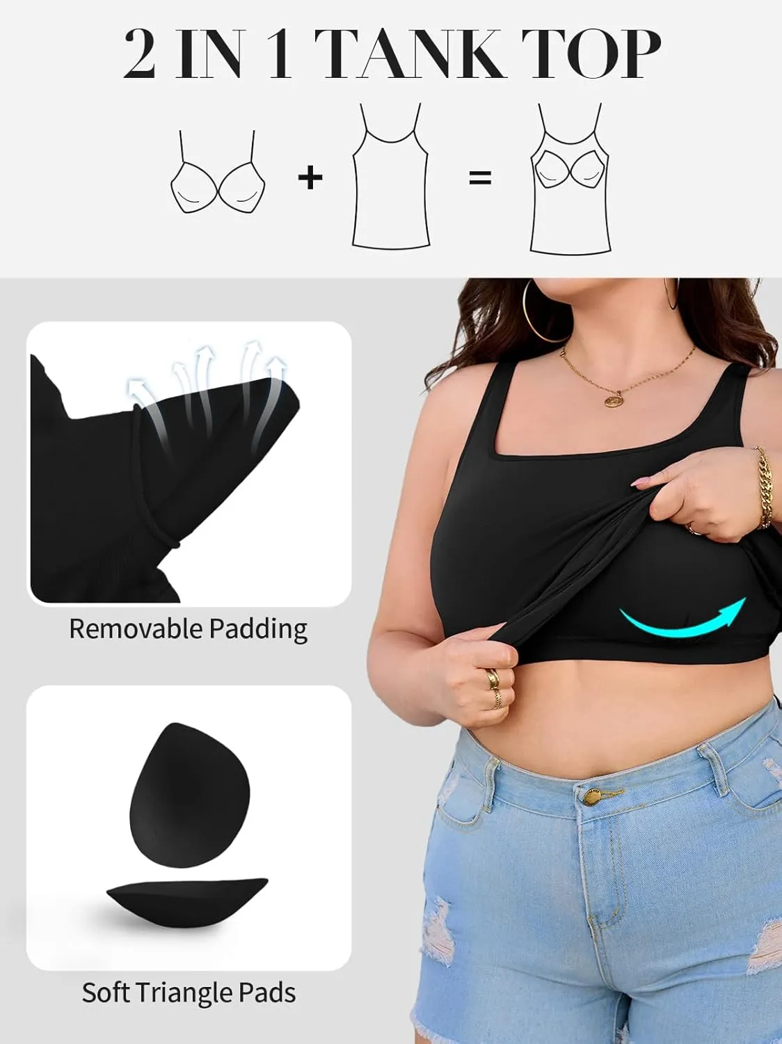 V FOR CITY Plus Size Tank Top with Built-in Bra Scoop Neck Camisole Tops for Women Casual Cotton Cami Shirts
